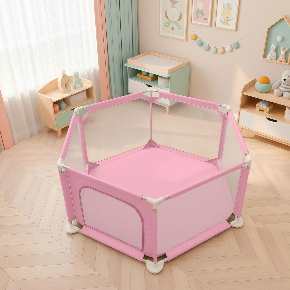 Parque bebé hexagonal compacto con malla transpirable | modelo para espacios reducidos