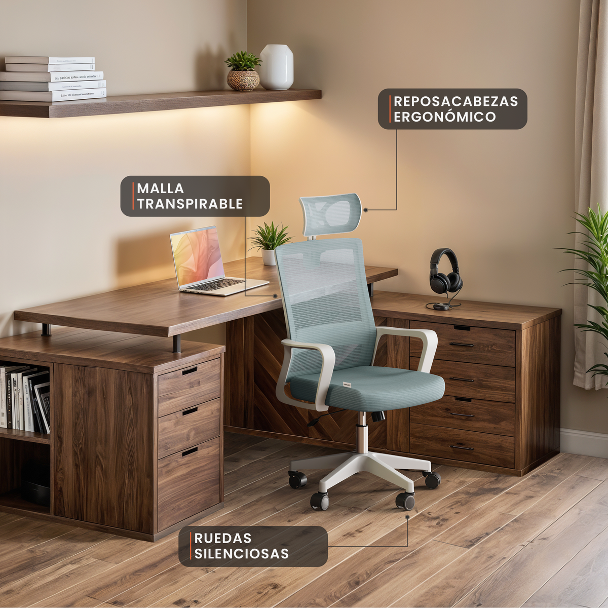 Silla escritorio ergonómica con reposacabezas