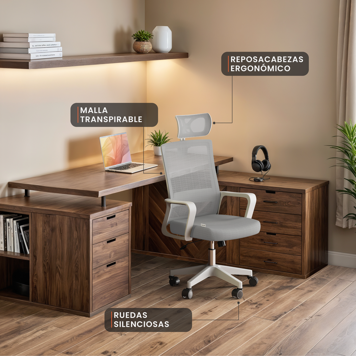 Silla escritorio ergonómica con reposacabezas