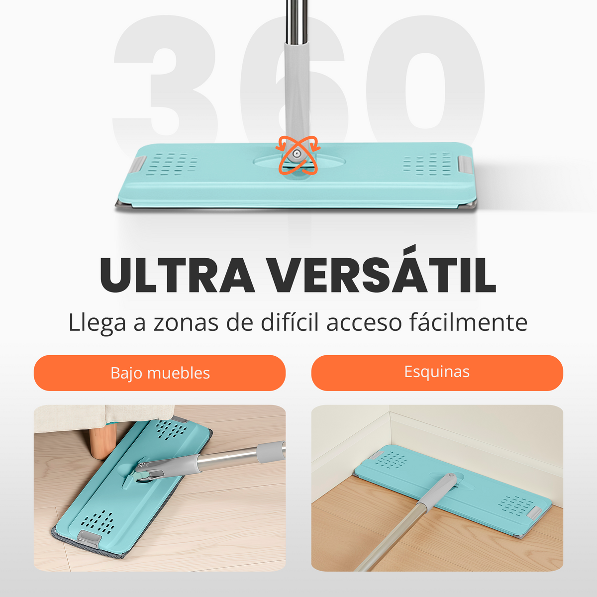 Mopa plana Jupplies girando 360 grados para llegar a rincones