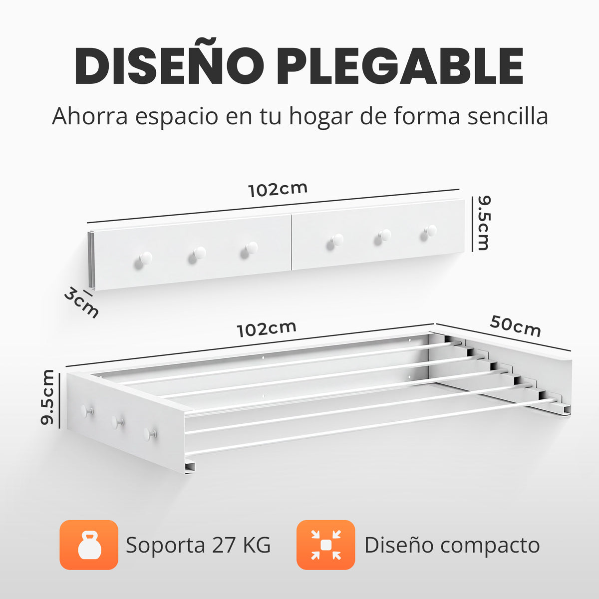 Tendedero plegable de pared con perchas Blanco - medidas 100cm