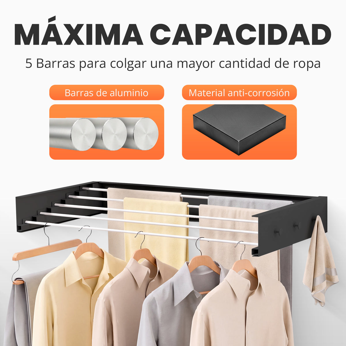 Tendedero plegable de pared con perchas Negro - imagen 2