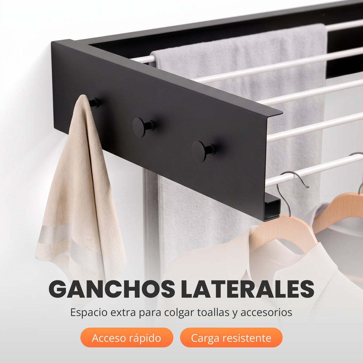 Tendedero plegable de pared con perchas Negro - imagen 3